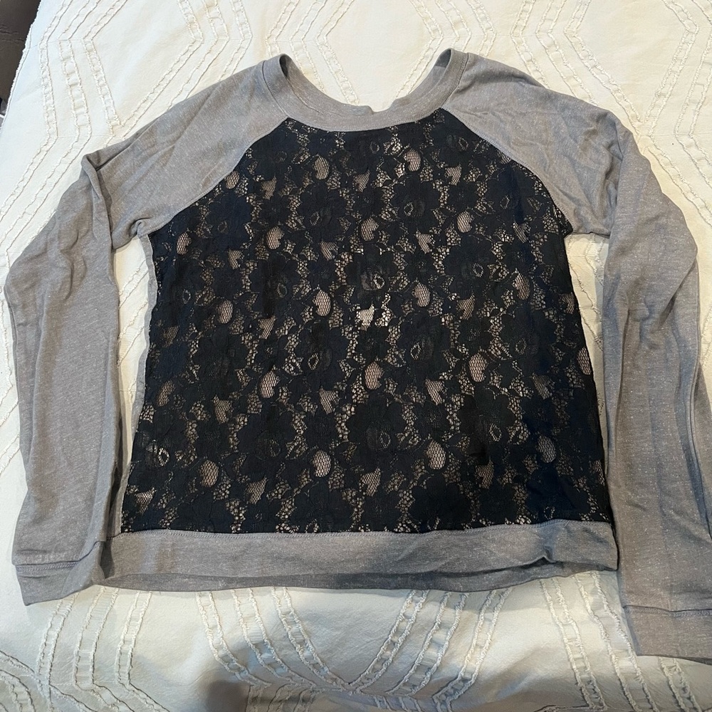 BCBGMaxAzria Black Lace and Gray Blouse